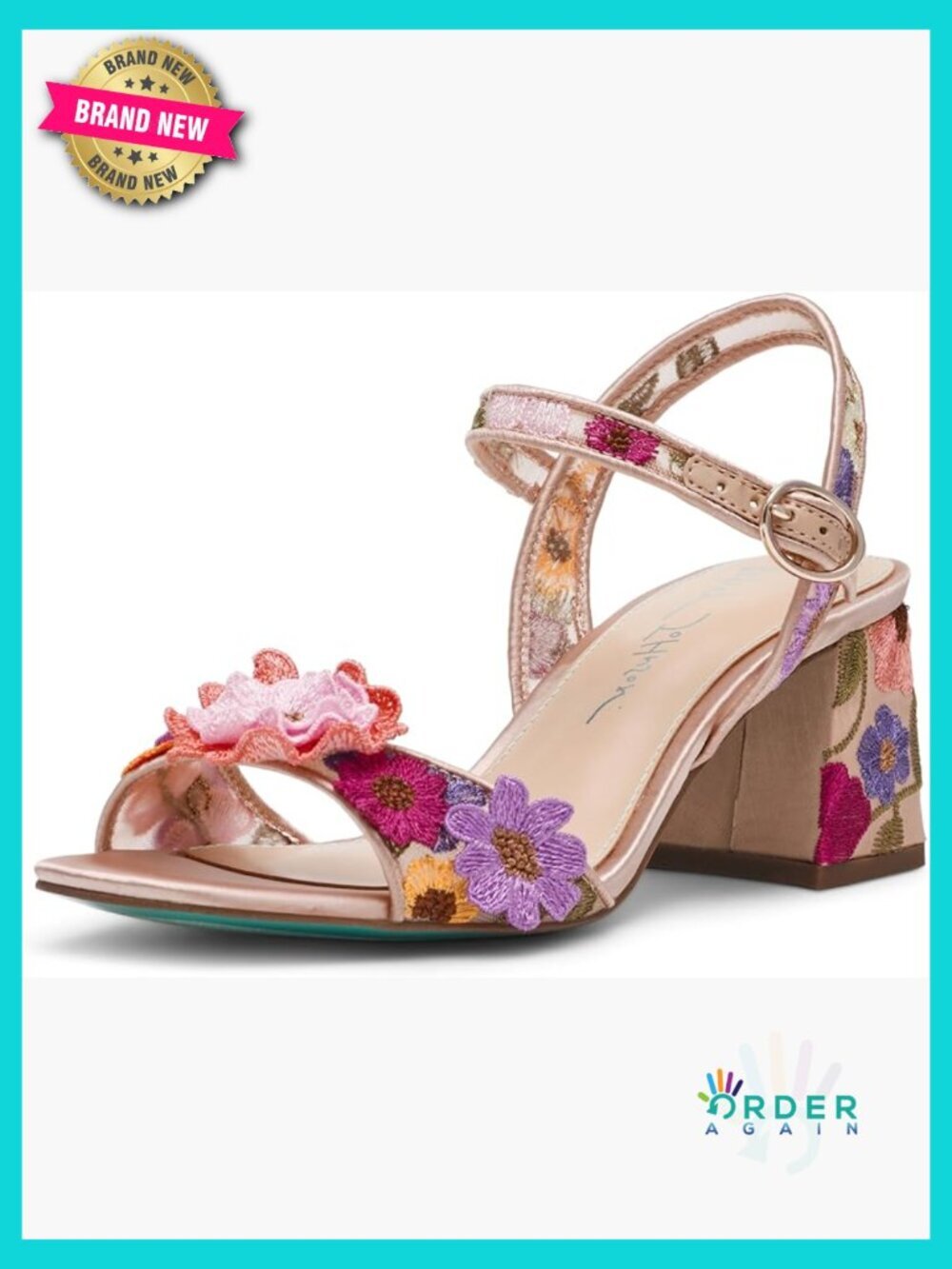 Heeled Sandals Block Heel Round Toe Adjustable Strap Floral Pattern Nude Multi